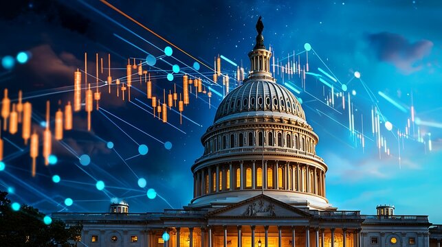 Capitol building, government, stock market. A stunning night view of the Capitol building, overlaid with financial graphs, symbolizing the intersection of government and finance.
