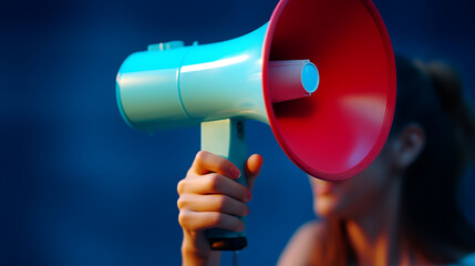 A woman holding megaphone speaker with blue background
