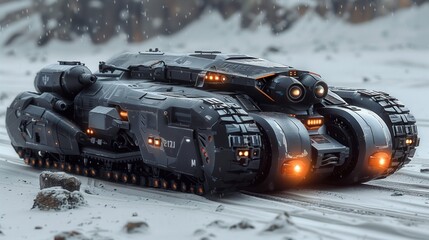 Futuristic armored vehicle with glowing lights on snowy terrain, advanced design and technology