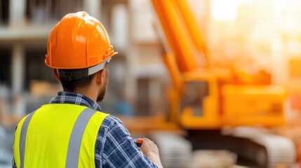 A construction worker in a safety vest and helmet turns his back to the camera as he observes the progress at a busy worksite, reflecting focus and diligence.