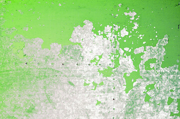 Old grungy metal texture with light green peeling paint - grunge background, steel rough surface covered with peeling paint