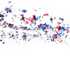 A blue glitter confetti border with red and blue stars on white