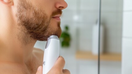 A close-up image of a man's beard being precisely trimmed with an electric trimmer, highlighting detail and attention to grooming in everyday routines.
