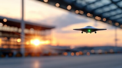 An advanced drone navigates through an urban airport terminal at sunset, depicting technological progress and innovation in contemporary urban environments.