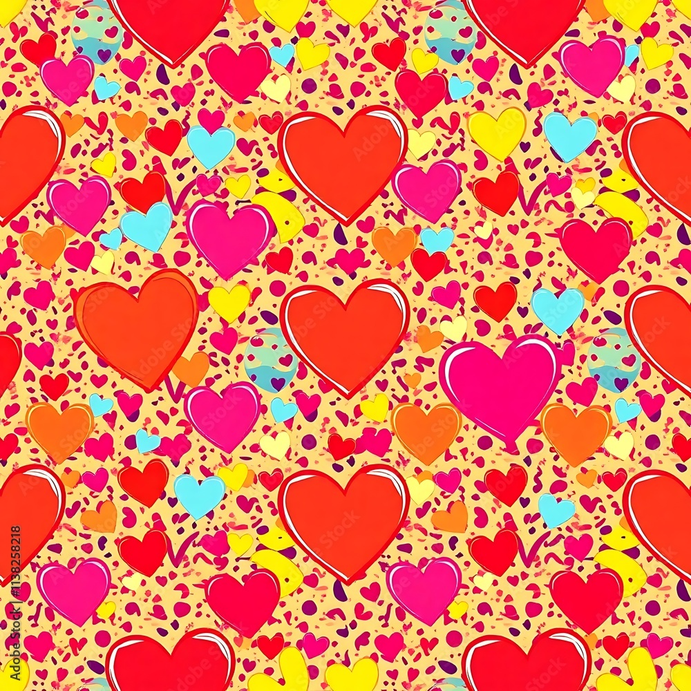 Poster colorful heart pattern: a vibrant and playful seamless pattern featuring a multitude of hearts in va