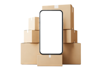 Phone surrounded by cardboard boxes, isolated on transparent cutout background