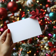 [Holiday White Card Display] Happy Holidays Wishes Against Festive Christmas Tree Backdrop
