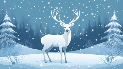A majestic white deer with perfect antlers, and beautiful winter scenery