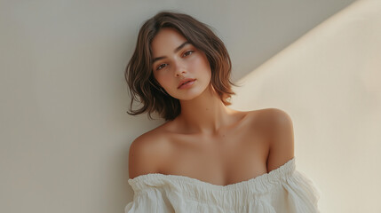 Close-up portrait of a beautiful young woman with short brown hair, natural makeup, wearing an off-shoulder white blouse in soft sunlight.