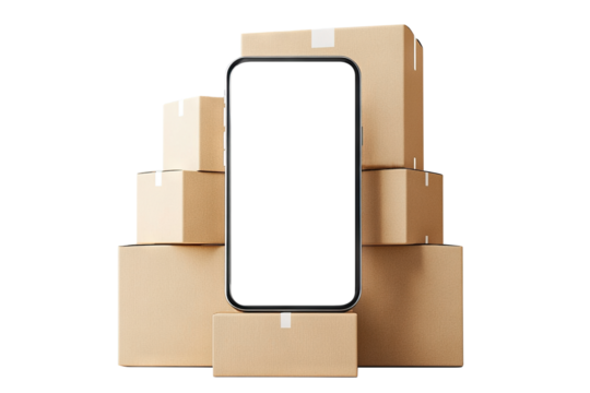 Phone surrounded by cardboard boxes, isolated on transparent cutout background