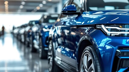 A row of blue SUVs is in position. fleet of standard modern vehicles. Transportation. Fleet of luxury off-road vehicles is made up of generic, nameless vehicles. isolated on black background
