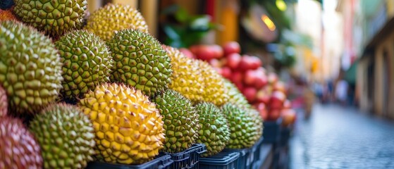 Fototapeta premium Colorful exotic fruits at a market stall, blurred street background.