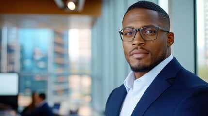 A professional man in a suit and glasses stands confidently in a bright, modern office with cityscape windows, conveying leadership and ambition.