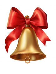 A golden bell with a red ribbon is suspended from a white background