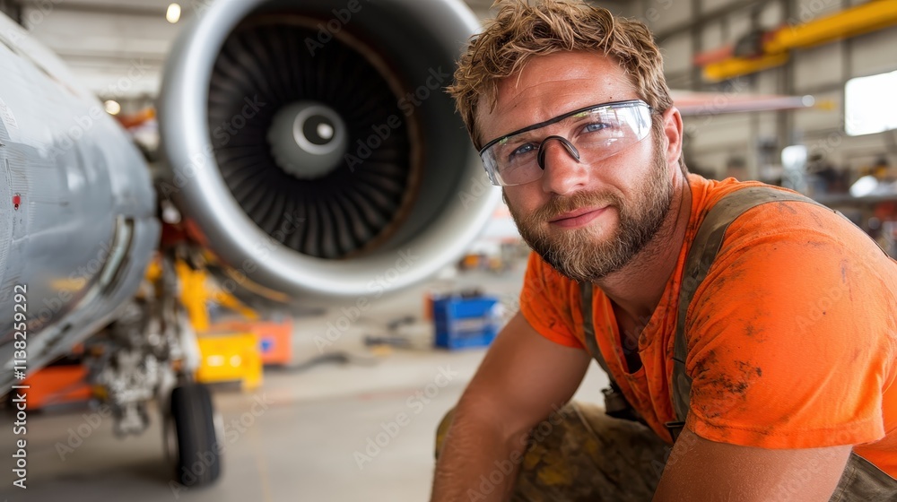 Poster aviation mechanic in a workshop setting works diligently on the intricate components of a jet engine