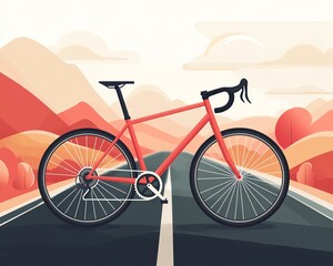 Fototapeta premium Red bicycle on scenic road illustration