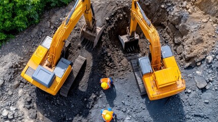 Two large excavators and workers are engaged in excavation work, moving earth on a construction site, emphasizing the power and capability of modern construction machinery.