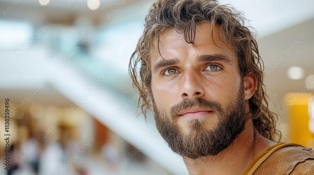 Poster a striking bearded man gazes intently with a modern architectural background blurred, providing an i