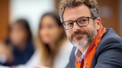 A smiling businessman wearing glasses and a scarf sits in a bright office setting, engaging in a meeting, reflecting themes of professionalism and warmth.
