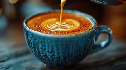 Skilled barista pours intricate latte art cozy coffee shop close-up photography warm ambiance intimate viewpoint craftsmanship and aesthetics