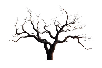 A bare tree with twisted, dark branches spreading out against a black background, emphasizing its intricate structure