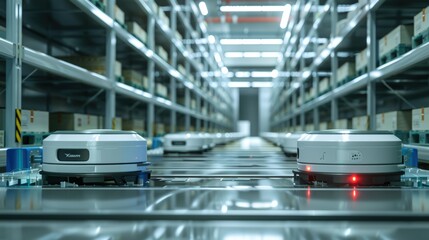 Obraz premium Automated warehouse with industrial robots navigating storage aisles stocked with neatly organized products, emphasizing modern logistics technology, automation, and efficient supply chain systems