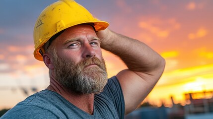 A rugged construction worker with a beard, gazes thoughtfully at the sunset, posing with a yellow helmet against the warm and vivid evening sky background.