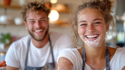 A joyful couple in aprons, covered with flour, smiles broadly as they enjoy baking together in a warmly lit kitchen environment, capturing a moment of happiness.
