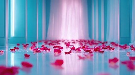   A pink-petal-strewn room features a white curtain and a light at its endpoint