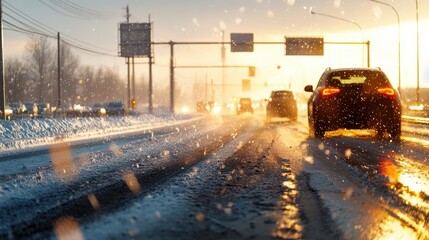 Obraz premium Treacherous Winter Drive: Cars Navigate Black Ice on Snowy Highway in Foggy Conditions