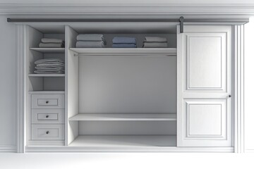 Fototapeta premium White built-in wardrobe with sliding door, shelves, drawers, and hanging space.