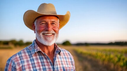 Fototapeta premium A man wearing a cowboy hat, smiling broadly in a sunlit farm field, capturing the essence of ranch life and the satisfaction of hard work.