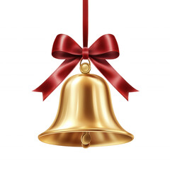 A golden bell with a red ribbon hanging from it