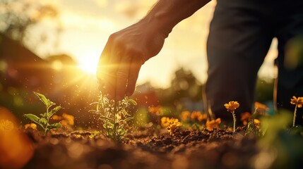 Fototapeta premium Gardener's Hands Removing Weeds with Delicate Care in Flower Bed