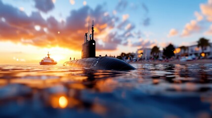 A sleek military submarine is partially visible as it surfaces in the ocean during sunset near a bustling coastal town, symbolizing stealth and naval power.