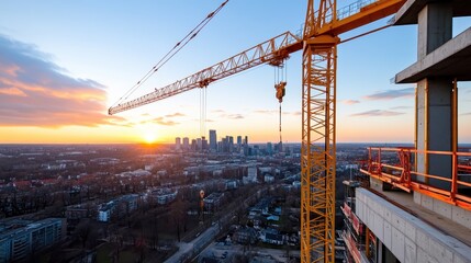 A sweeping view of a city skyline with a tall construction crane towering over a partially completed building, set against a dramatic sunset sky.