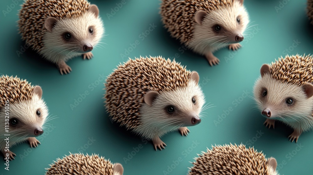 Poster adorable hedgehogs arranged in a repeating pattern on a teal background.