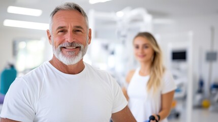 Obraz premium An older man with a broad smile and white beard, standing confidently in a modern, well-lit space, exuding warmth and approachability while engaging with someone unseen.