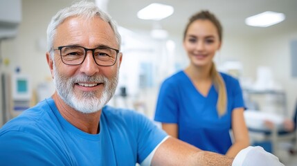 Obraz premium An elderly male dentist smiles warmly while seated in a dental office, with a smiling young female dental assistant next to him, representing care and professionalism.