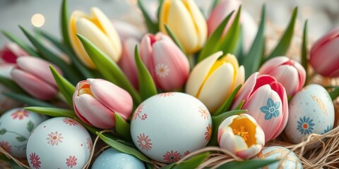 Fototapeta premium Colorful Easter eggs nestled amongst delicate pastel pink and white tulips, a springtime celebration of new beginnings.