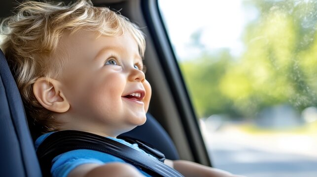 A young child with curly hair smiles brightly while looking out of a car window, feeling joyful and curious on a sunny day. A delightful sense of wonder and innocence.