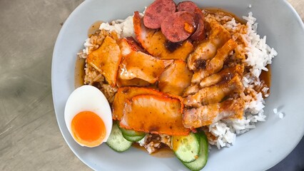 Red pork and crispy pork rice. Thai food.