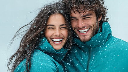 Smiling couple enjoying winter snow in a vintage Polaroid setting capturing joyful moment together