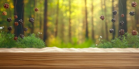 Fototapeta premium A background with a wooden surface in the foreground, neutral space for potential ad design. The background is softly blurred with natural elements like green trees, grass, and flowers,