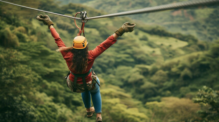 Woman in a red jacket and yellow helmet ziplining with arms wide open over a lush, green valley. A thrilling adrenaline-filled adventure experience