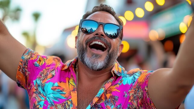 An ecstatic man with a vivid floral shirt dances joyfully amid dazzling lights at a vibrant outdoor street festival, embodying cheerfulness and colorful expression.