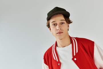 A young, fashionable man stands in a studio, showcasing his trendy bomber jacket and casual style.