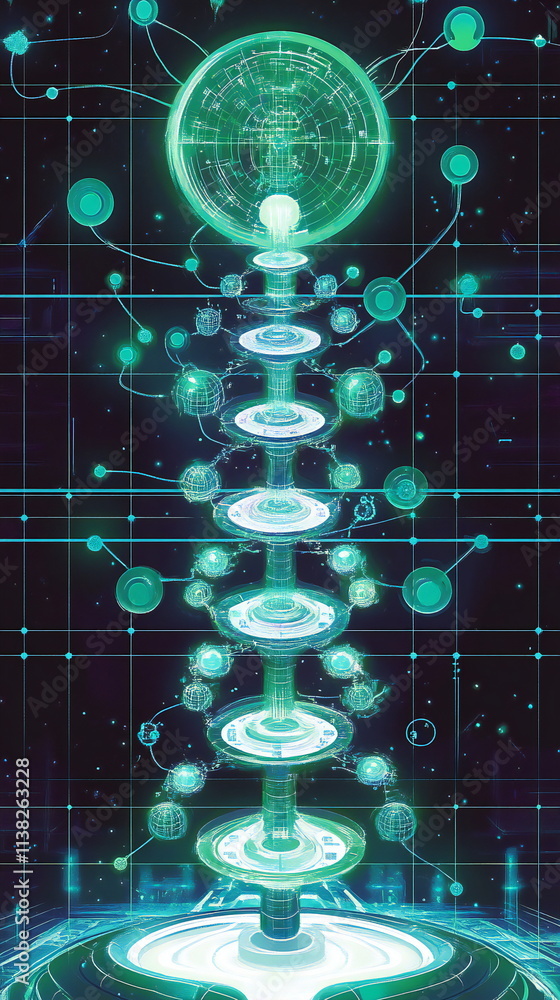 Poster exploring the layers of artificial intelligence in a futuristic digital environment