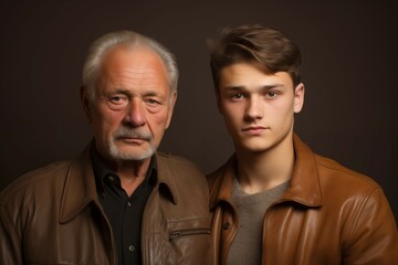 A handsome young man portrait with his elderly father, who has white and gray hair, sharing a moment of connection, empathy, and emotional bonding, captured in a warm and heartfelt composition