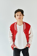 A confident young man showcases his stylish bomber jacket in a studio setting.